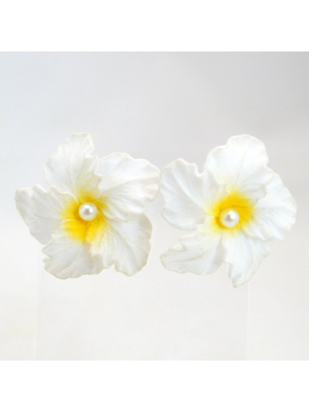 Vintage Hibiscus Flower Clip On Earrings Western Germany Celluloid Faux Pearl